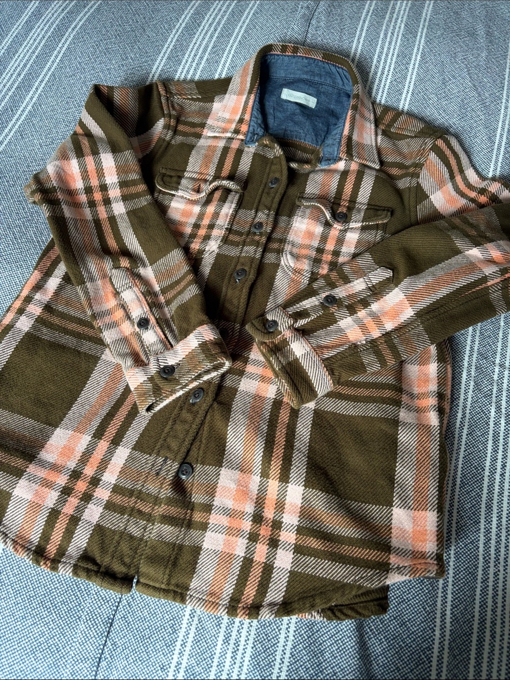 Outerknown Blanket Shirt Olive Green/ Pink Plaid.
